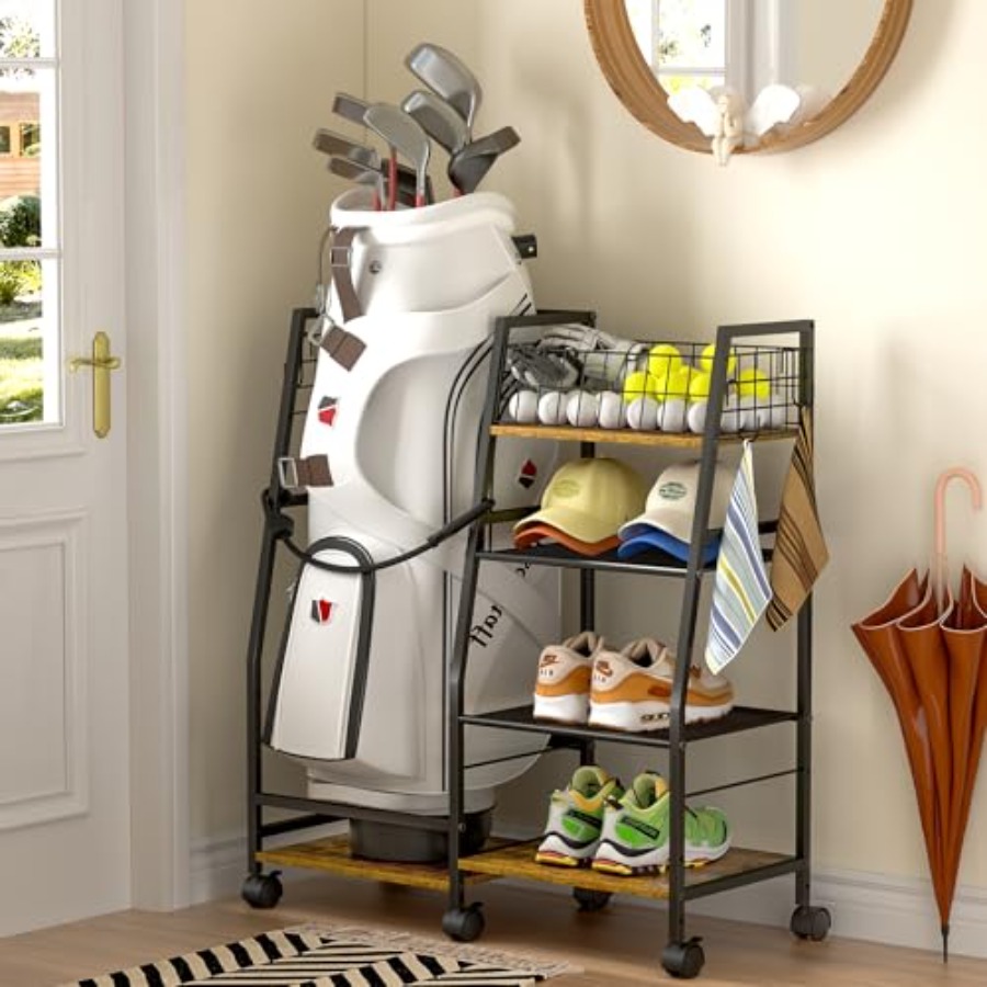 Golf Equipment Garage Organizer - Golf Bag Garage Storage Rack with