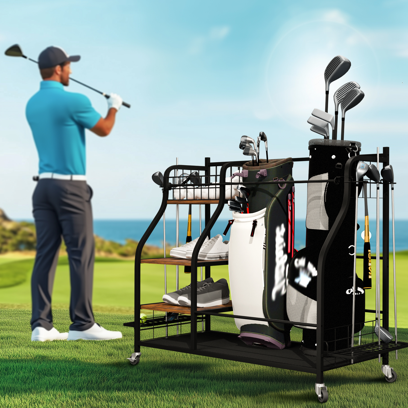 Rolling Golf Storage Rack Gara - Golf Equipment Garage Organizer review and price